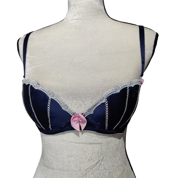 Vintage Victoria Secret Sz 34C Sexy Little Things Blue Pink Bow Balconette Bra - Picture 1 of 7